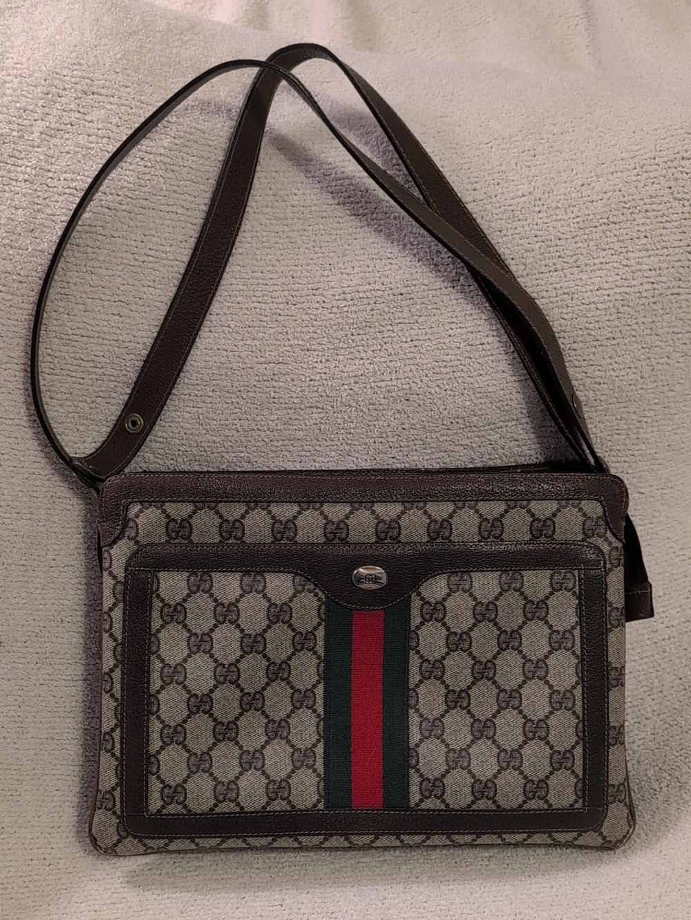 Gucci Vintage Brown GG Plus Shoulder Bag with Green and Red Stripe